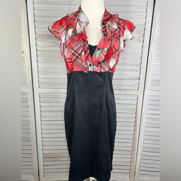 TRIXXI Retro Style Midi Dress Red Plaid/Black-7 - Picture 3 of 5